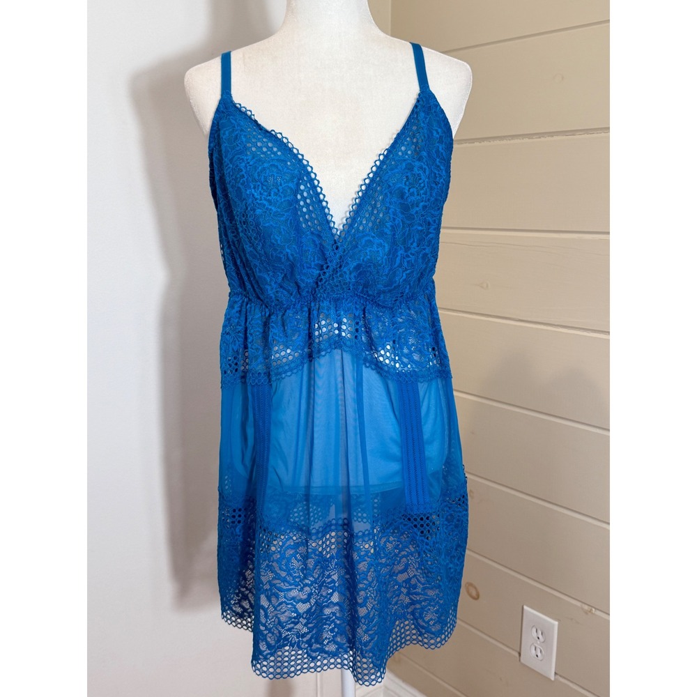 Cacique Blue Slip Lace Sheer Floral Babydoll Lingerie Nightgown 22/24 Plus